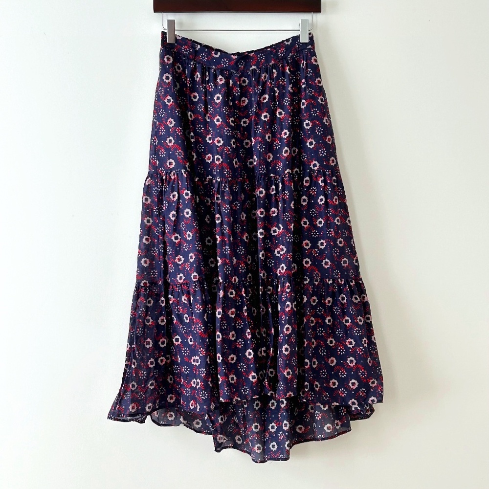 Xirena Iris Silk Cotton Blend High Low Purple Floral Midi Skirt